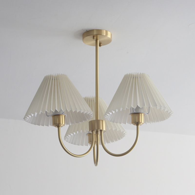 Country Style Living Room Chandelier Retro Fabric Conical Pendant Light Fixture in Brass