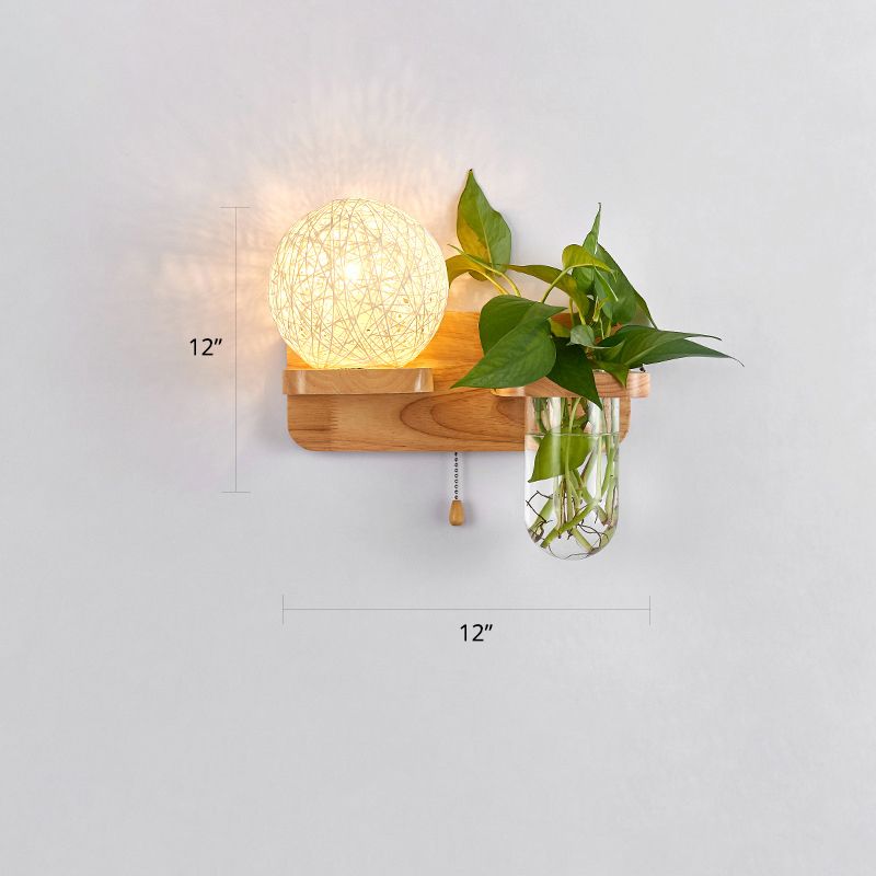 1-Light Rattan Wall Light Fixture Nordic Ball Living Room Sconce Lamp with Pull Chain and Plant Pot