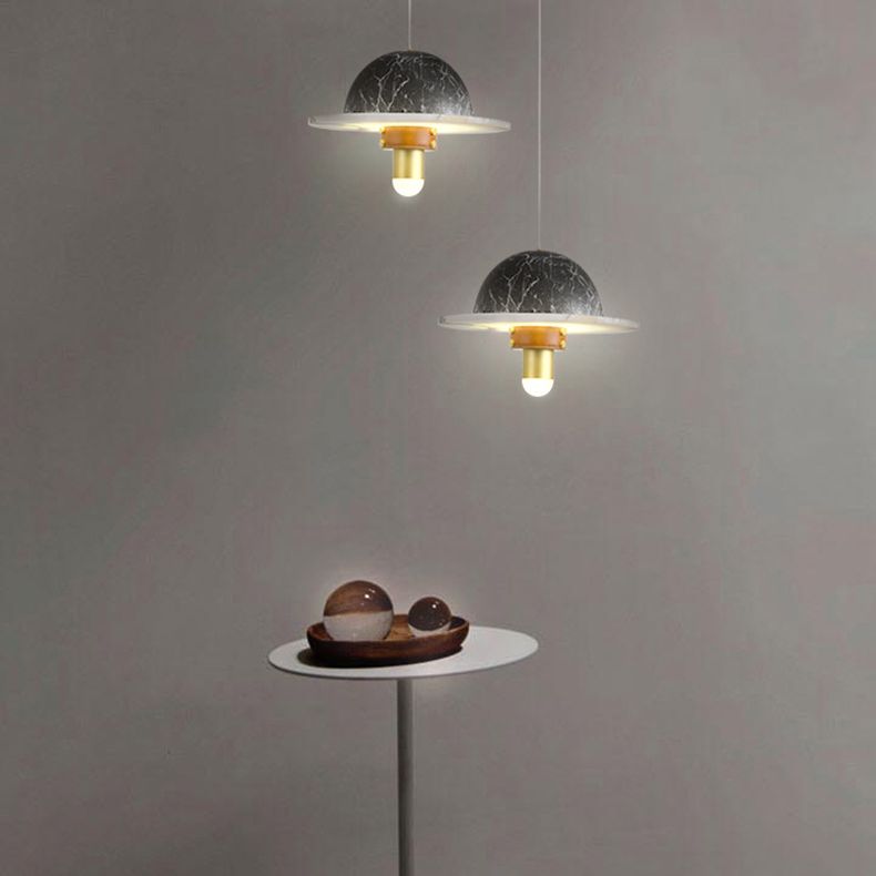 Novelty Postmodern UFO Shaped Pendant Light Marble Bedside LED Hanging Lamp in Gold