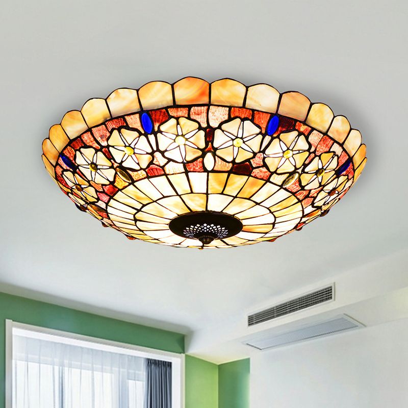 12"/21" Dia 3/4-Light Flush Mount Lamp Tiffany Bowl Shell Ceiling Fixture with Blossom Pattern in Beige