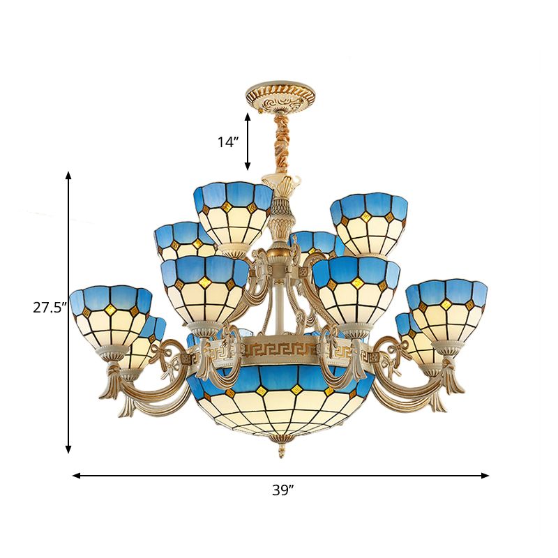 Lampadario a soffitto a più livelli in vetro colorato tiffany 15 luci blu lampada appesa per soggiorno con braccio curvo