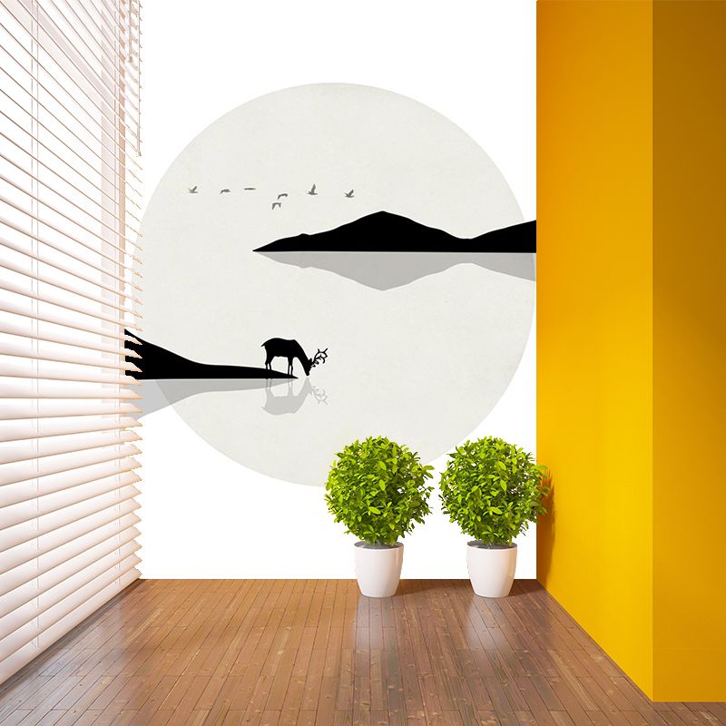 Minimalist Lakeside Deer Drinking Murals Black-White Stain Resistant Wall Covering for Home