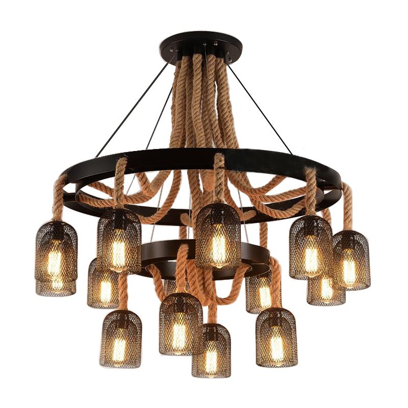 4 Lights Ring Hanging Light with Mesh Shade and Rope Industrial Black Metallic Chandelier Lamp for Foyer