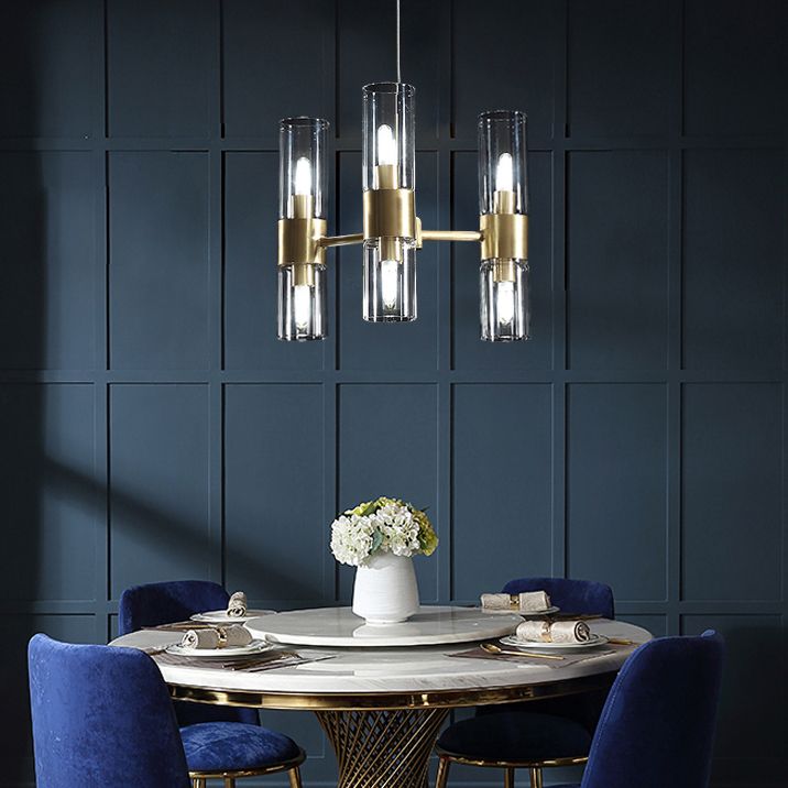 Chandelier à ombre cylindrique transparente 6/16 lumières post moderne en verre suspendu pendant