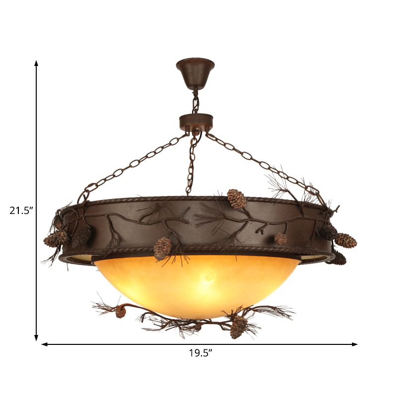 4 Lights Ceiling Light Country Bowl Frosted Glass Hanging Chandelier in Red Brown with Pinecone Accents
