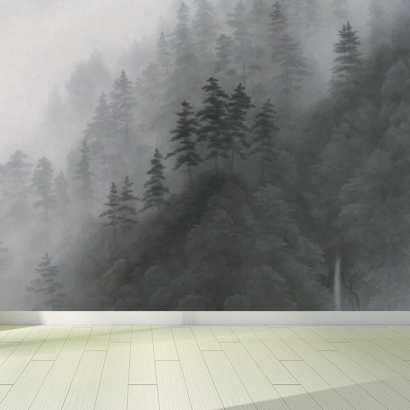 Gray Mysterious Forest Mural Wallpaper Moistureproof Contemporary Dining Room Wall Decor