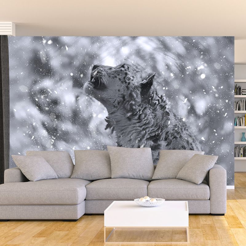 Customized Snow-Leopard Mural Stain Resistant Soft Color Wall Art for Bedroom