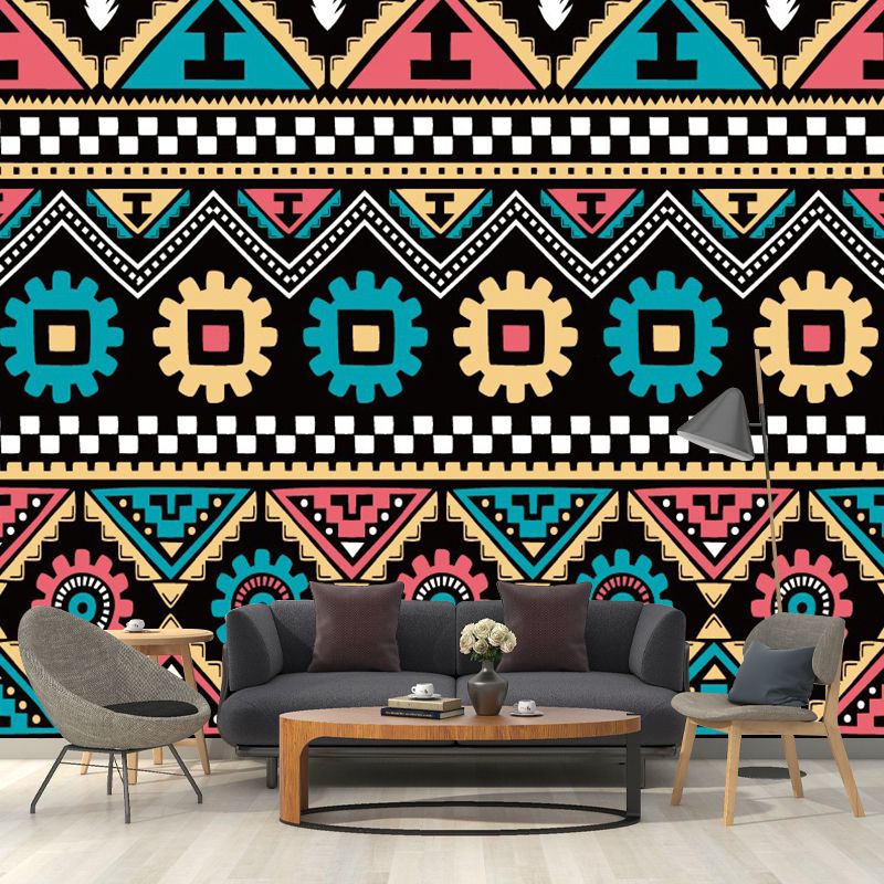 Seamless Tribal Stripe Mural Wallpaper Red-Yellow-Green Bohemian Wall Decor for Home