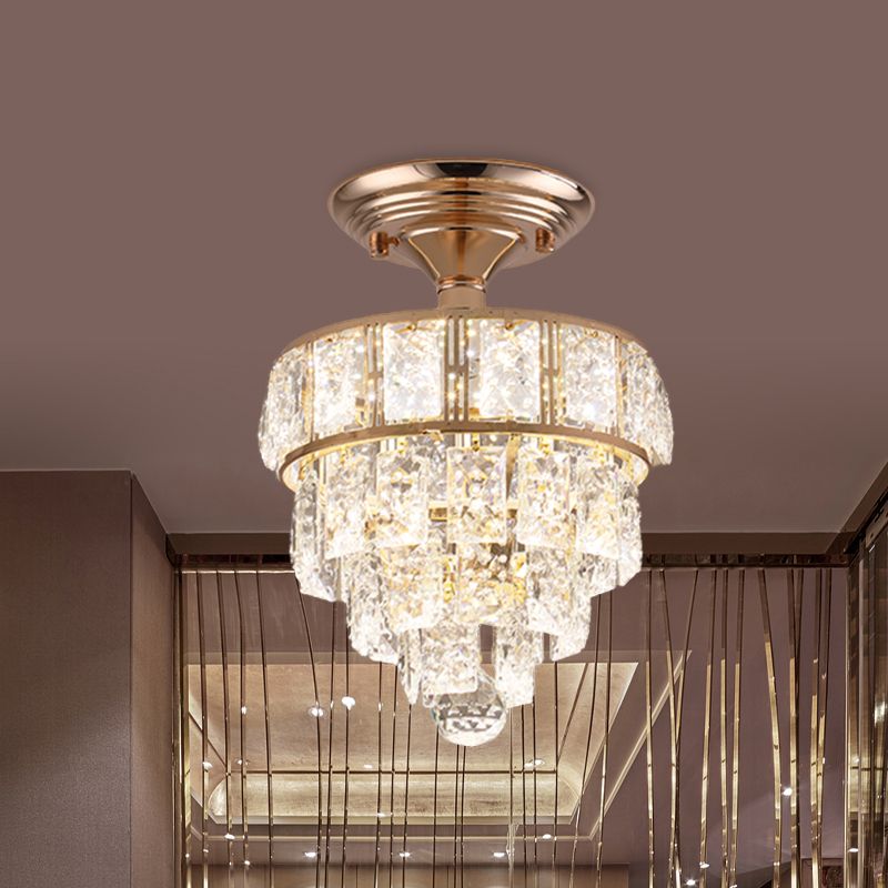 Beveled Crystal Square LED Ceiling Flush Modern Gold 4 Tiers Tapered Hallway Semi Flush Mount Lighting
