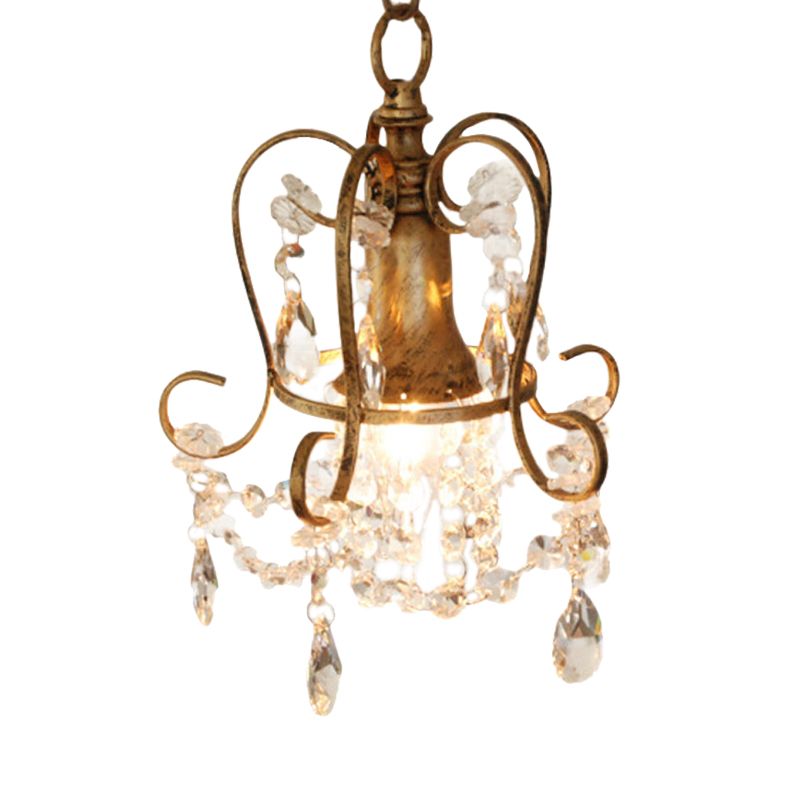 Traditional Scrolled Frame Suspension Light 1 Head Metallic Hanging Lamp Kit in Antique Brass with Crystal Droplet