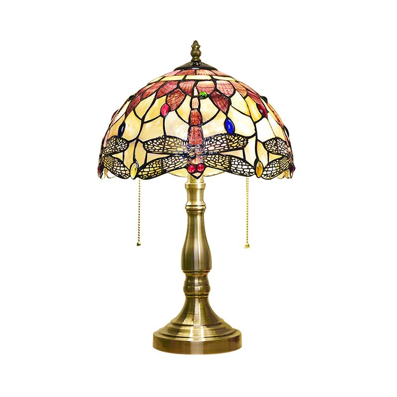 Antique Tiffany Dome Desk Light avec fleur bleue / libellule / papillon 2 lumières Table de vitrail clair pour la chambre