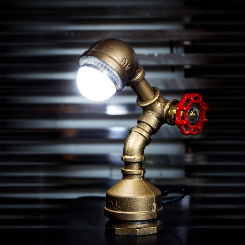 1 Bulb Metal Night Lamp Steampunk Brass Robot-Shaped Pipe Bedroom Table Light with Valve Rotary Switch, Warm/White Light