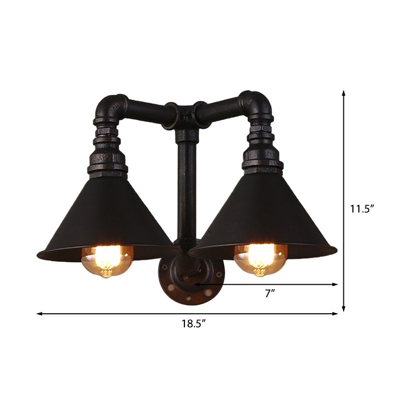 Vintage Style Cone Wall Lamp with Water Pipe 2 Lights Metallic Wall Sconce Light in Black, 14.5/18.5" Width