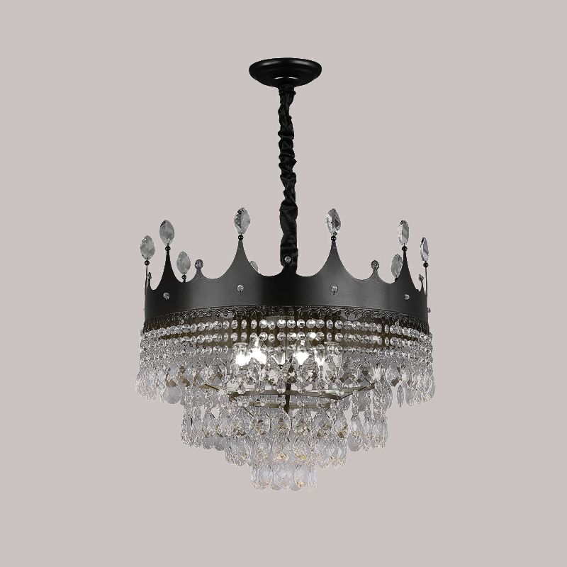 Metal Crown Chandelier Lighting Kids 4/5/6 Lights Black Hanging Lamp with Crystal Drop Decor over Dining Table