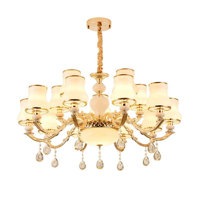 Klassieke Bud Chandelier Lighting White Glass Hanglamp met kristalafgraden voor woonkamer