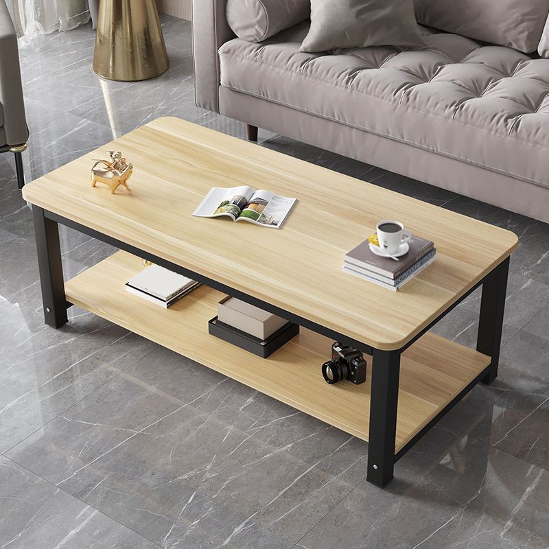 Rectangle Wooden Top Coffee Table with Storage Shelf Modern Style