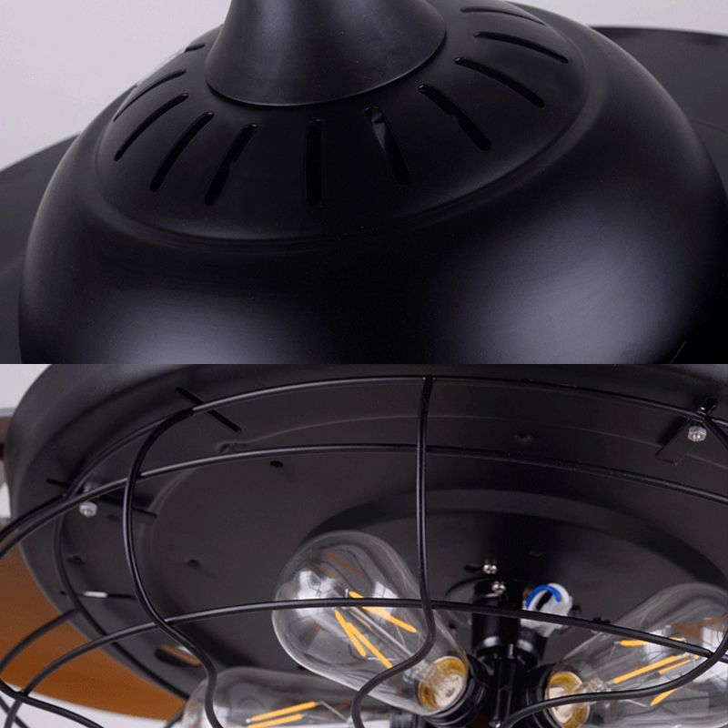 Wire Cage Metallic Semi Flush Lighting Vintage 5 Heads Living Room Wall Control Fan Ceiling Lamp in Black