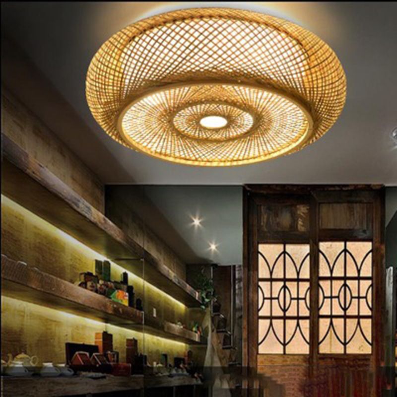 Lámpara de techo de 3 luces con forma de tambor de estilo creativo asiático, montaje empotrado de arte tejido de bambú para pasillo