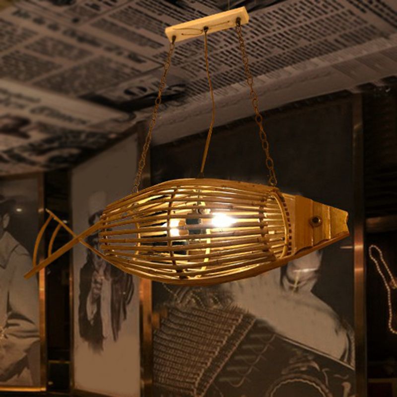 Bamboo Woven Fish Shaped Pendant Ceiling Light Asian 1-Bulb Beige Suspension Lighting for Restaurant