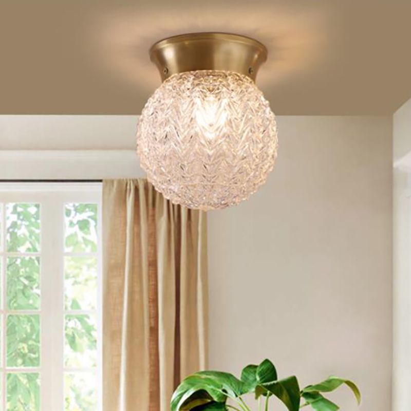 Water Glass Globe Ceiling Lighting Colonial 1 Head Bedroom Flush Mount Light Fixture in Brass