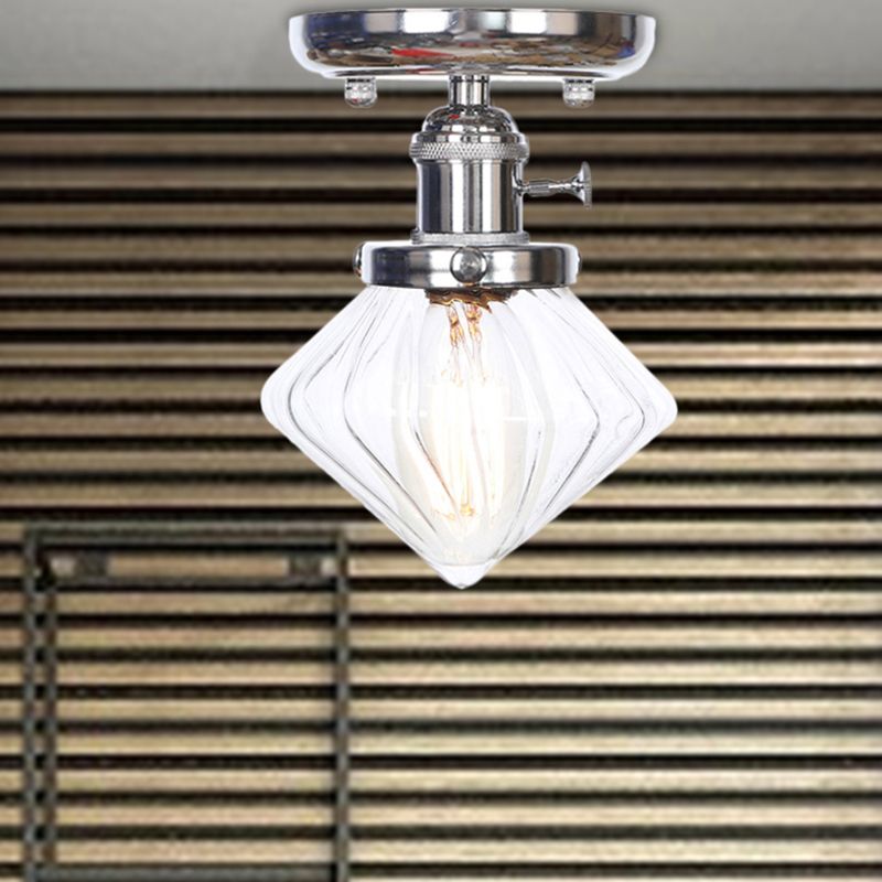1 Bulb Semi Flush Mount Cone/Bell/Rhombus Industrial Clear/Amber Glass Ceiling Light in Chrome