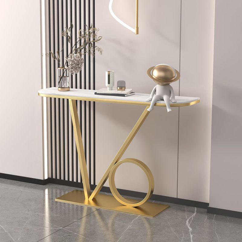 Iron Pedestal Base Accent Table with Half Moon Stone Top for Hall