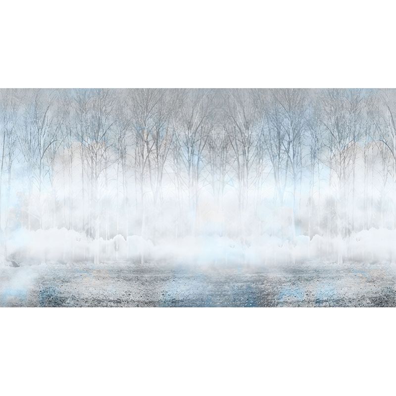Simple Misty Forest Wall Mural for Dining Room, Custom Size Wall Art in Blue and Grey