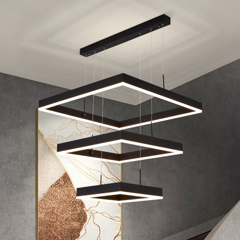Luce a sospensione nera metallica quadrata al soffitto a led contemporanea per soggiorno