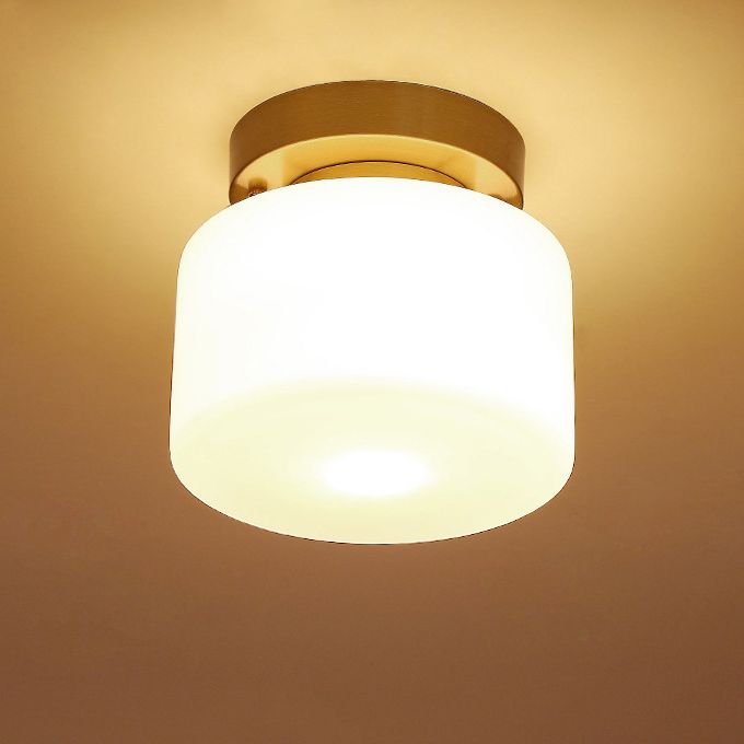 Lámpara de techo cilíndrica de cristal de estilo tradicional, placa de techo de latón, accesorio de iluminación mini para dormitorio de 1 luz