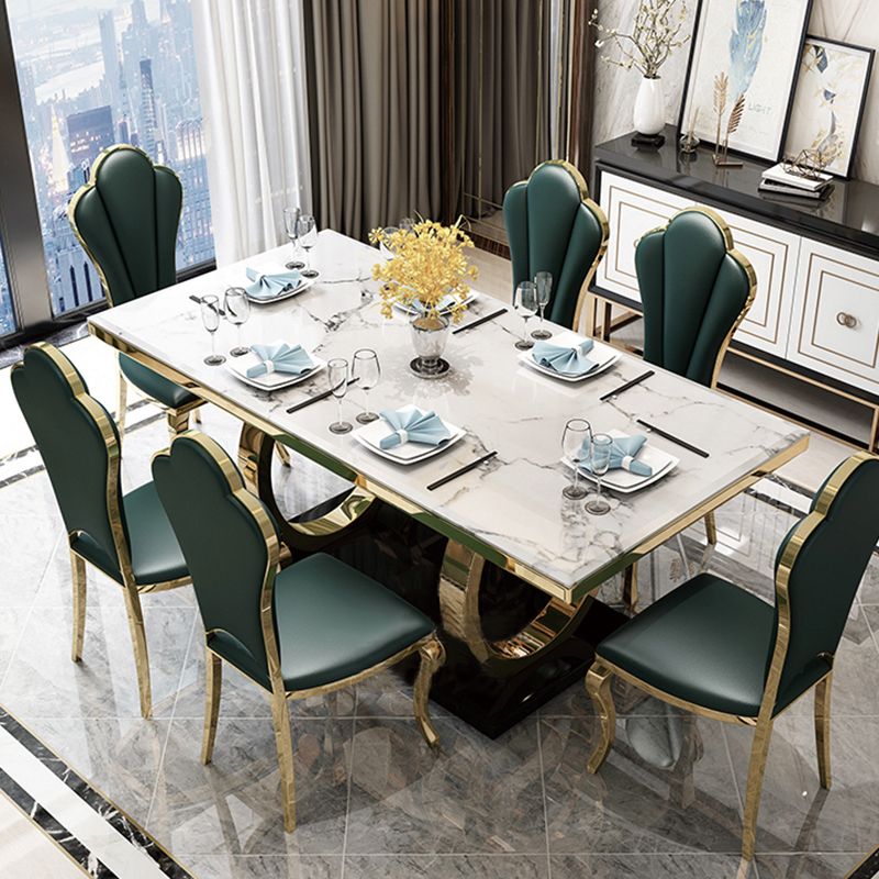 Mesa de comedor de mármol de estilo de lujo, mesa rectangular con base de caballete para el hogar