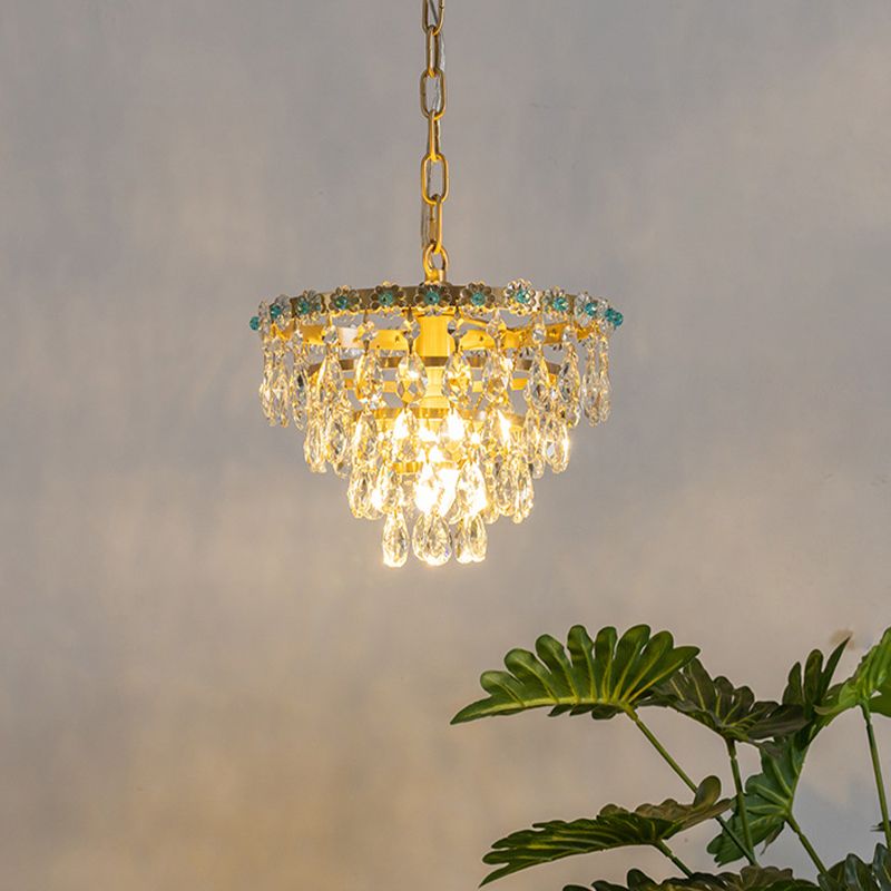 Luce a sospensione del cristallo sfaccettato conico moderno a 4 lampadine per sala da pranzo lampada a sospensione in oro