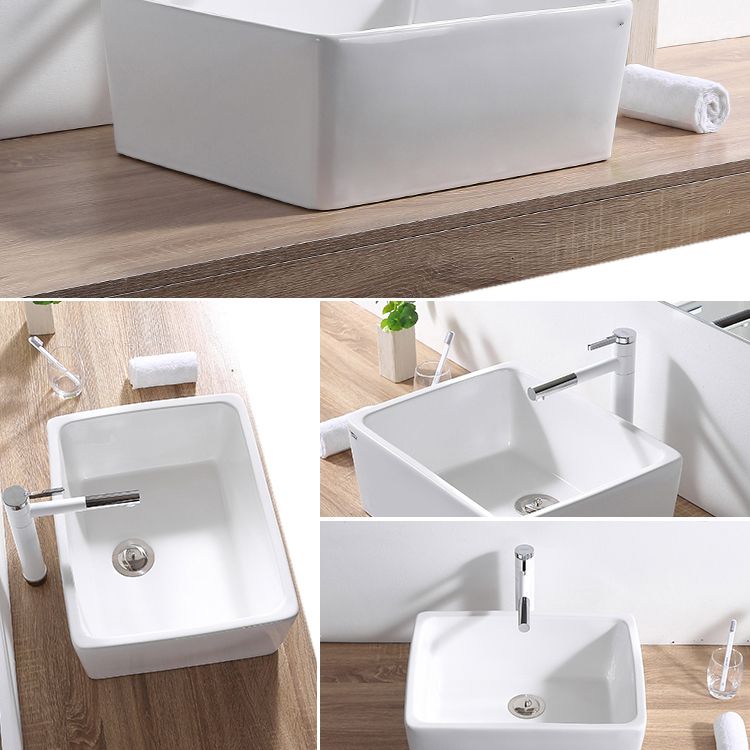 Contemporary Bathroom Sink Pop-Up Drain Porcelain Rectangular Vessel Lavatory Sink