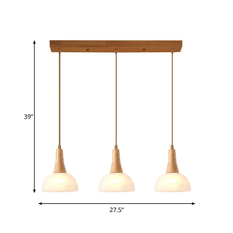 Bell / bol / baril plafond lampe à pendaison nordique en verre ivoire en verre 3-têtes Salle à manger ronde / cluster linéaire cluster en bois en bois