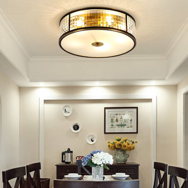 Colonical Artistic Circular Flush Mount Copper Indoor Ceiling Light with Glass Shade