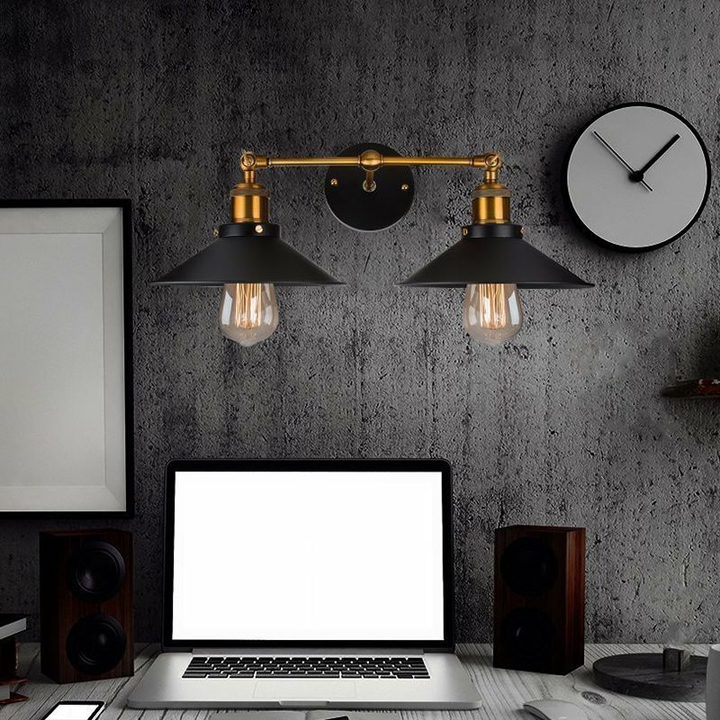 Cone Workshop Wall Light Kit Rustic Metal 1/2-Light Black Wall Mount Lamp with Rotating Brass Linear Arm