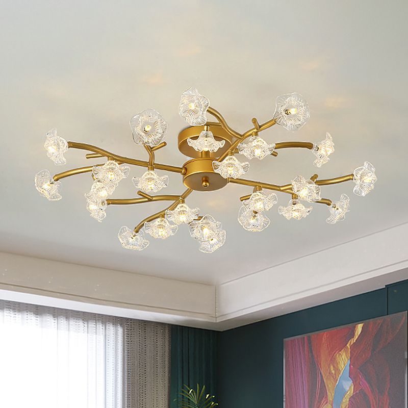 Floral Semi Flushmount Lighting Contemporary Metallic 24-Light Bedroom Flush Ceiling Lamp in Brass