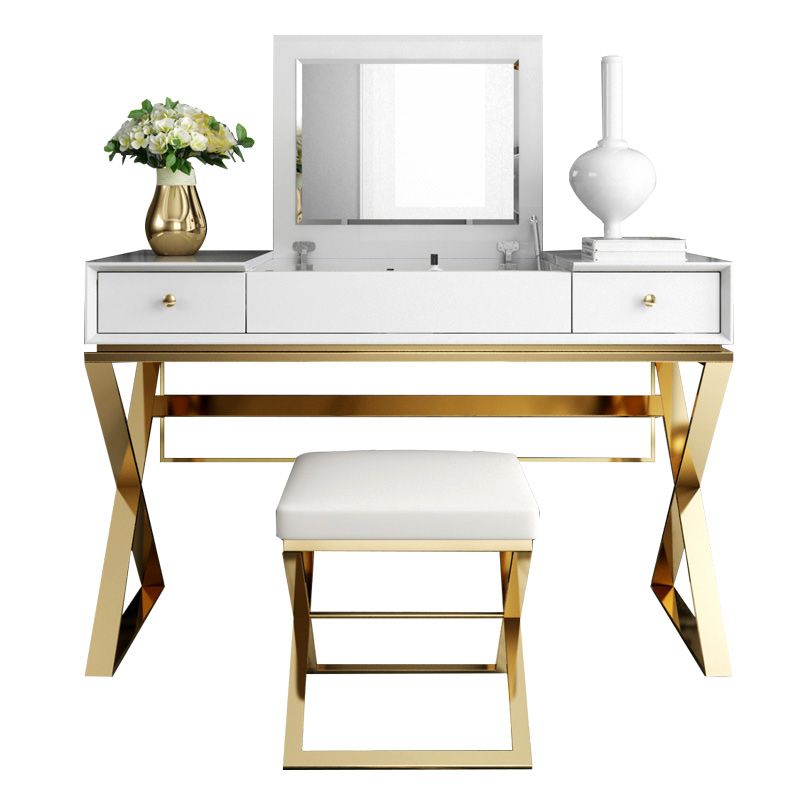 Contemporary White With Stool Mirror Bedroom Metallic Make-up Vanity
