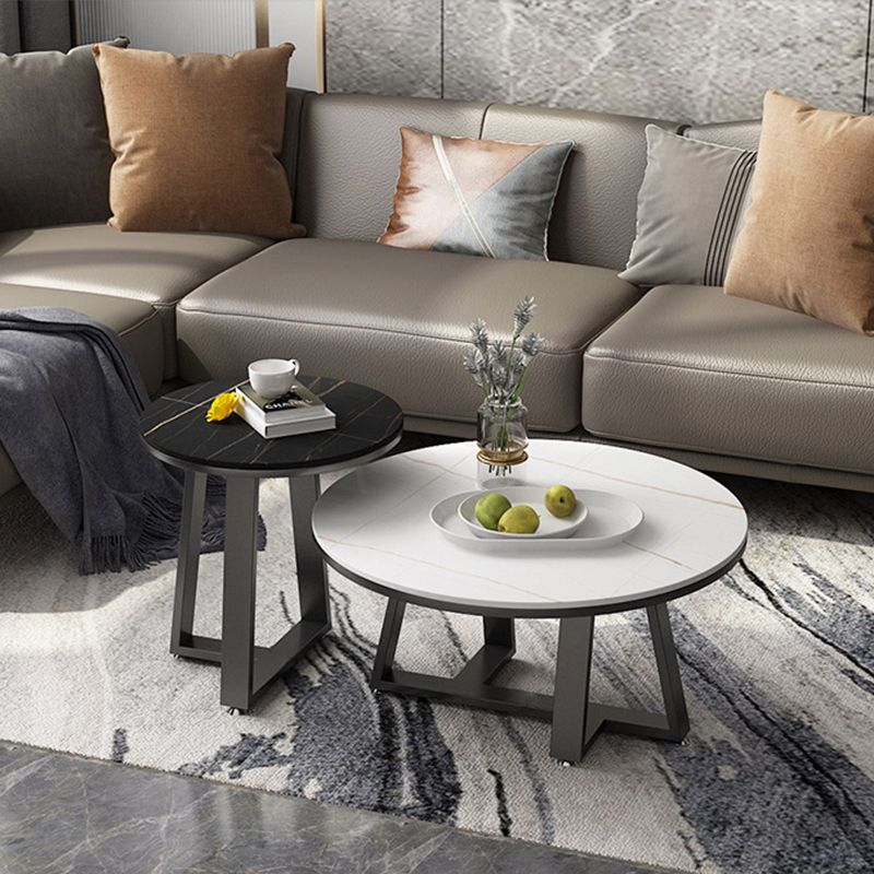 Modern Style Grey/black/white Slate Top Black Metal Base Round Coffee Table