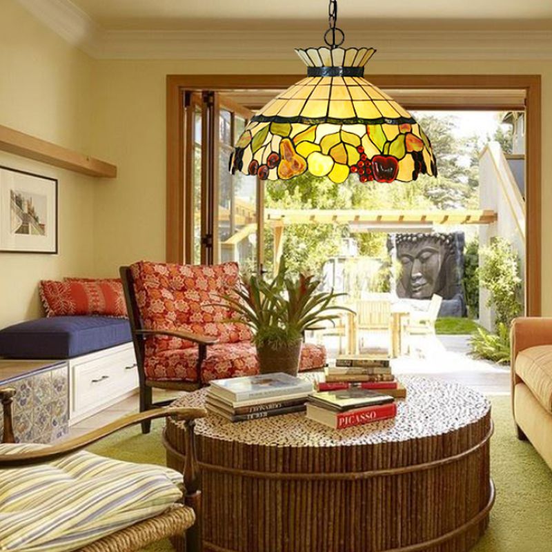 Black 3 Lights Chandelier Baroque Yellow Stained Glass Domed Shade Pendant Lighting