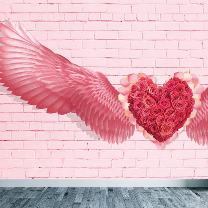 Pink Angel Wings Mural Decal Feather Trendy Waterproof Wall Covering for Girls Room