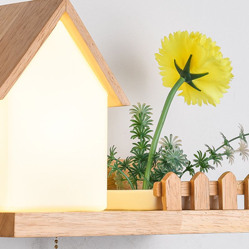 Modern Style House Shade Wall Light Wood 1 Light Sconces for Bedroom without Plant