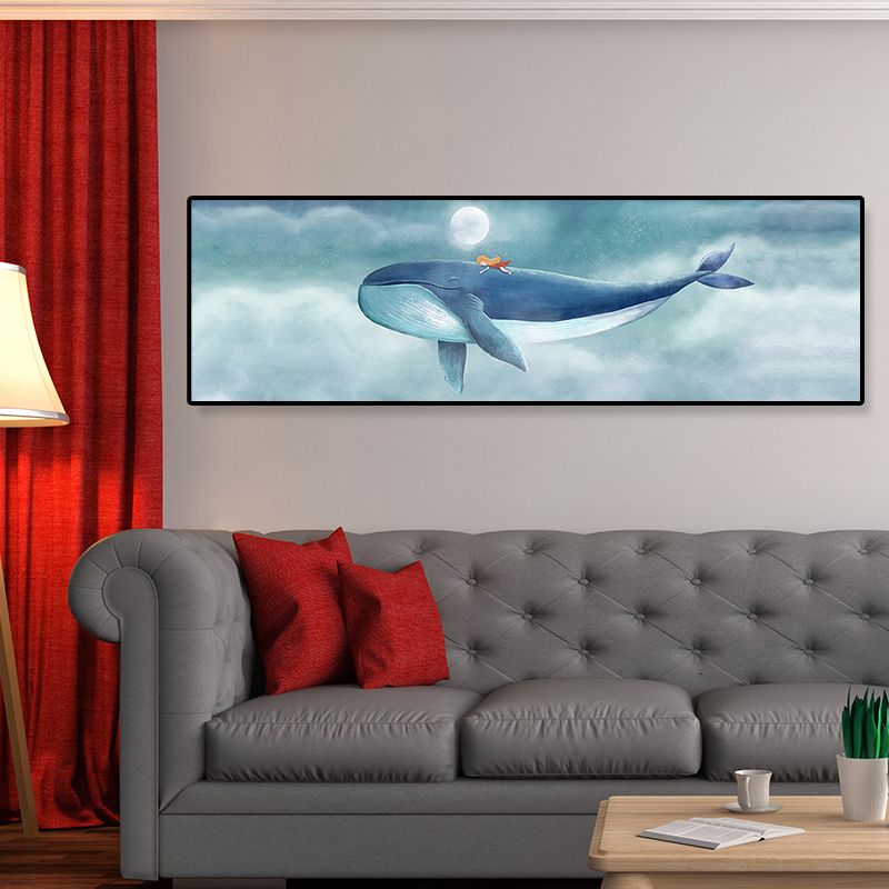 Illustrated Whale and Moon Canvas Art Soft Color Kids Style Wall Decor for Living Room