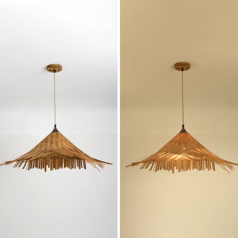 Hat Shape Suspension Pendant Light Bamboo Restaurant Pendant Ceiling Light in Beige