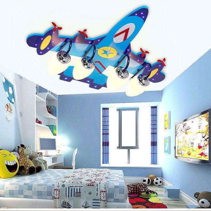 4 Lights Aircraft LED Flush Mount Light Remote Control Glass Ceiling Light in Chrome Finish for Kindergarten Children Room
