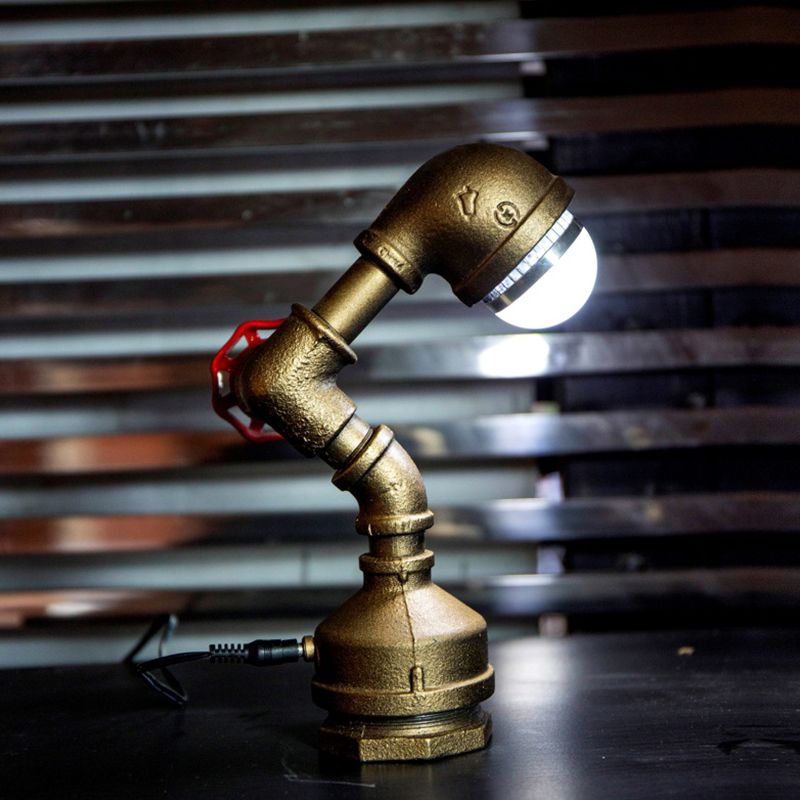 1 Bulb Metal Night Lamp Steampunk Brass Robot-Shaped Pipe Bedroom Table Light with Valve Rotary Switch, Warm/White Light
