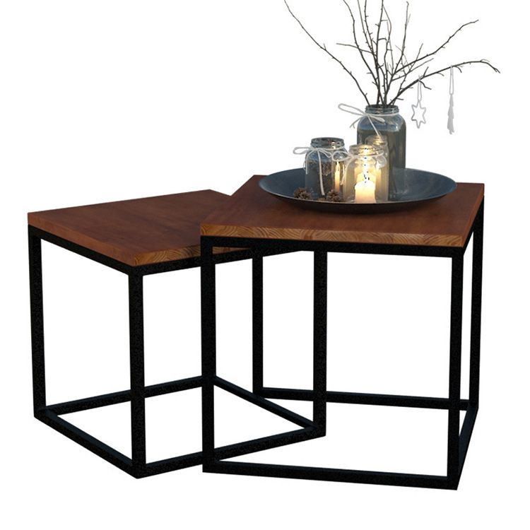 Scandinavian Nesting Coffee Table Set with Solid Wood Top and Iron Base