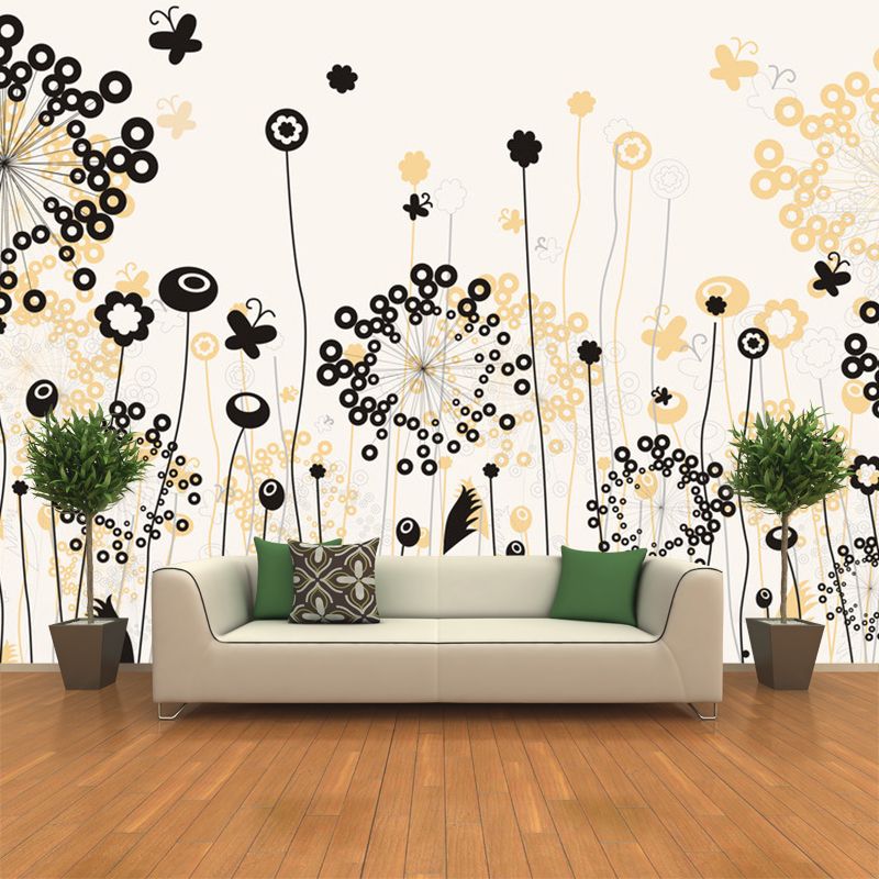 Black-Yellow Dandelion Wall Murals Moisture Resistant Modernist Bedroom Wall Covering