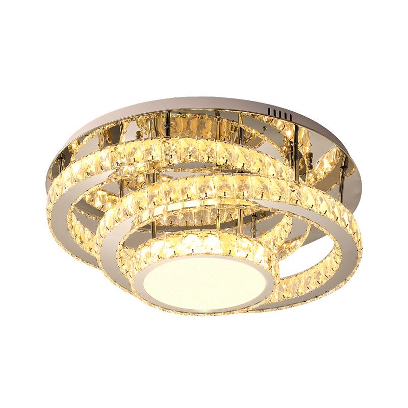 19.5"/23.5" Wide LED Ceiling Lamp Modern Ring Clear Rectangular-Cut Crystals Flush Light Fixture in Stainless-Steel