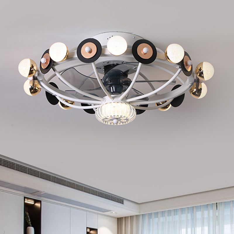 Oval Cage Metallic Pendant Fan Lamp Modernist 25.5" W 11 Heads White/Grey/Coffee Semi Flushmount, 4 Blades