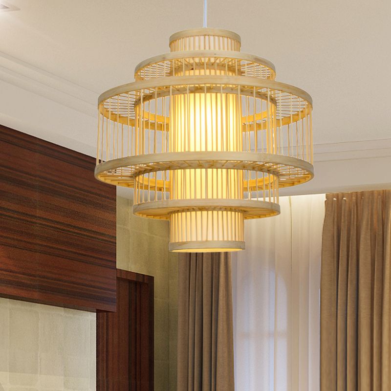 Modernist Tiered Bamboo Hanging Pendant Fixture with Cylinder Shade 19.5"/23.5" W 1 Light Ceiling Lamp in Beige